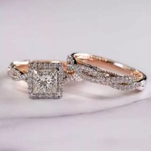 18k Rose Gold Princess Cut Halo Diamond Bridal Ring Set
